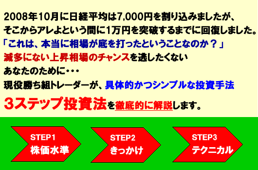 2008年10月に日経平均は7,000円を割り込みましたが、そこからアレよという間に1万円を突破するまでに回復しました。「これは、本当に相場が底を打ったということなのか？」滅多にない上昇相場のチャンスを逃したくないあなたのために・・・